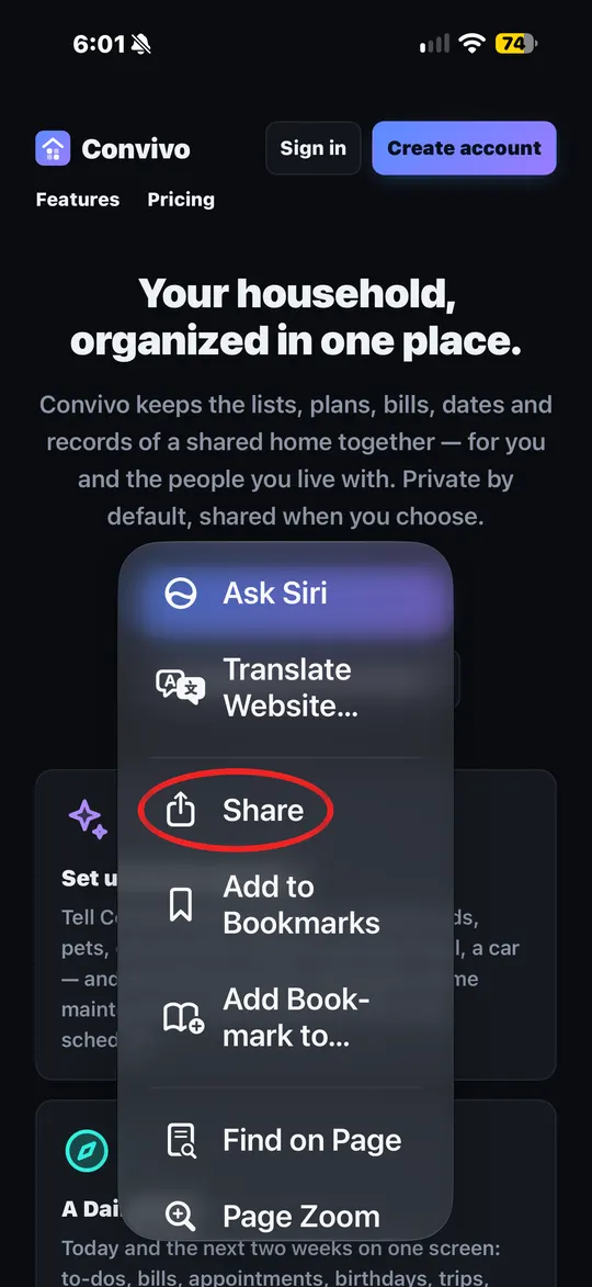 O menu do Safari com Compartilhar circulado em vermelho