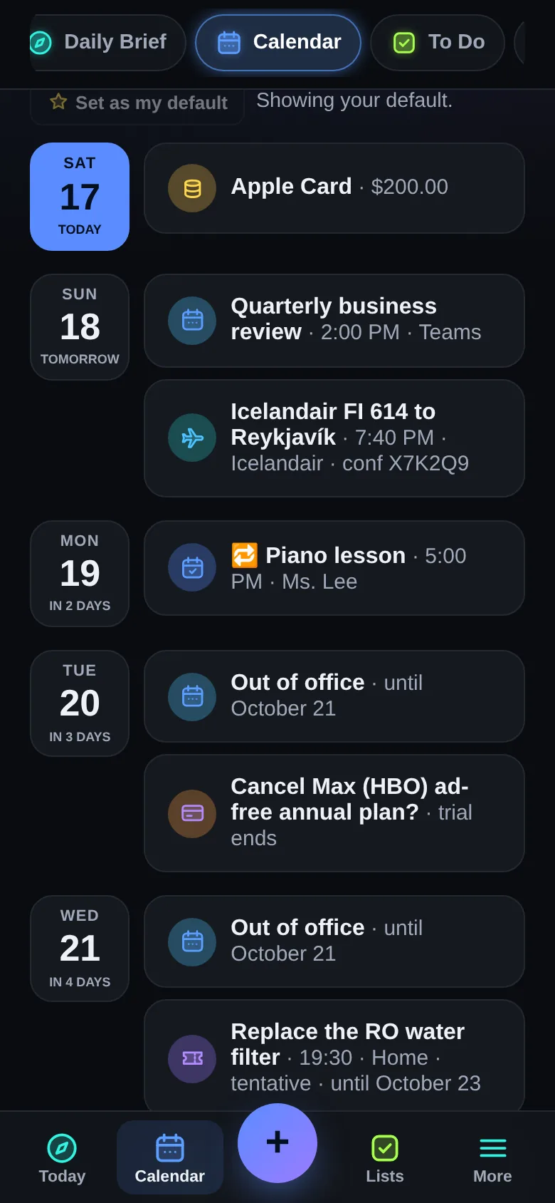 El calendario familiar como agenda: una cuenta, una reunión, un vuelo, una clase de piano y un cambio de aceite